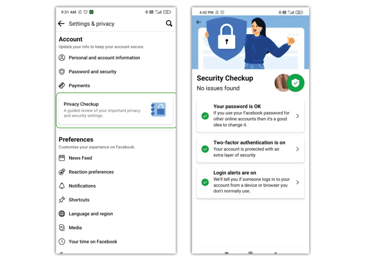 Jak ustawić Facebook na prywatny? Ekran ustawień prywatności i bezpieczeństwa, gdzie można sprawdzić hasło, uwierzytelnianie dwuskładnikowe i alerty logowania.