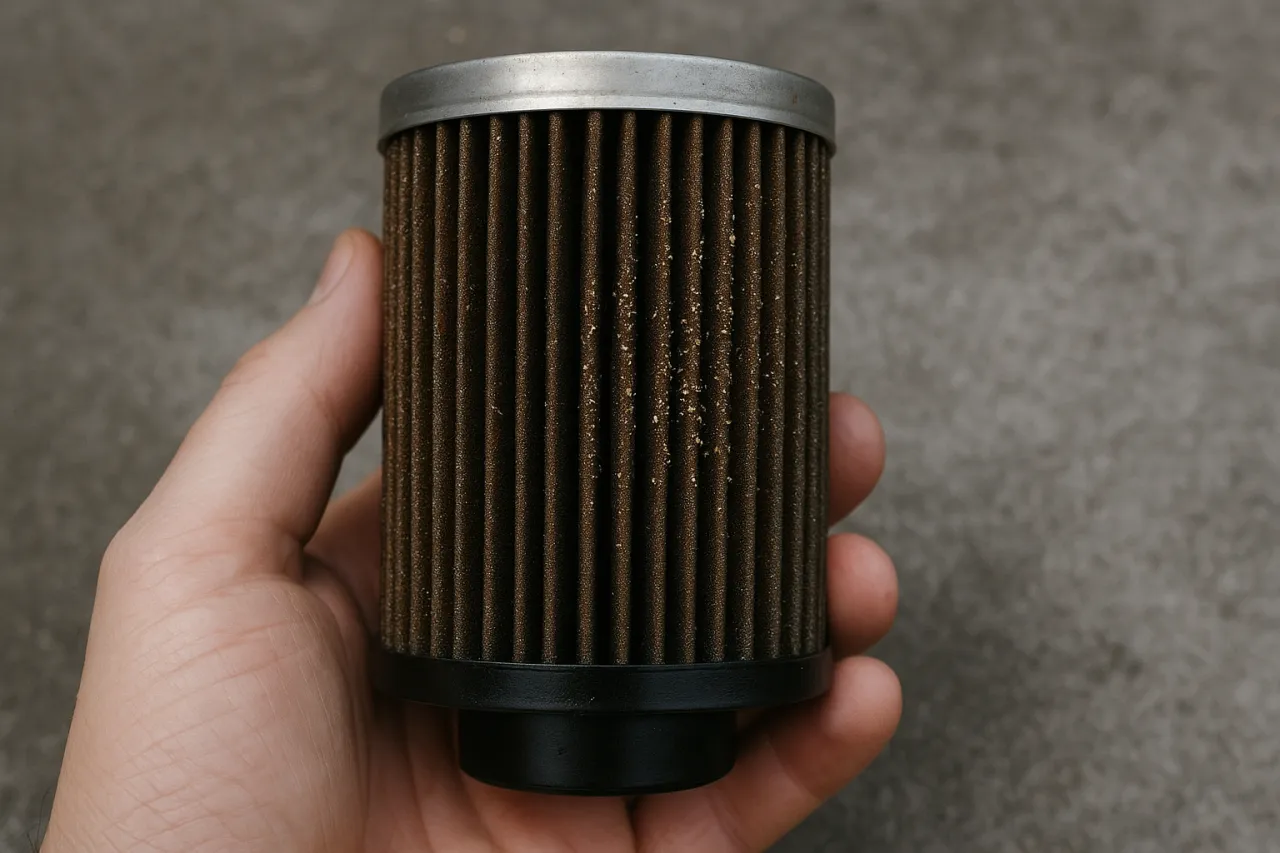 Dłoń trzyma zużyty filtr paliwa z widocznymi opiłkami w filtrze paliwa.