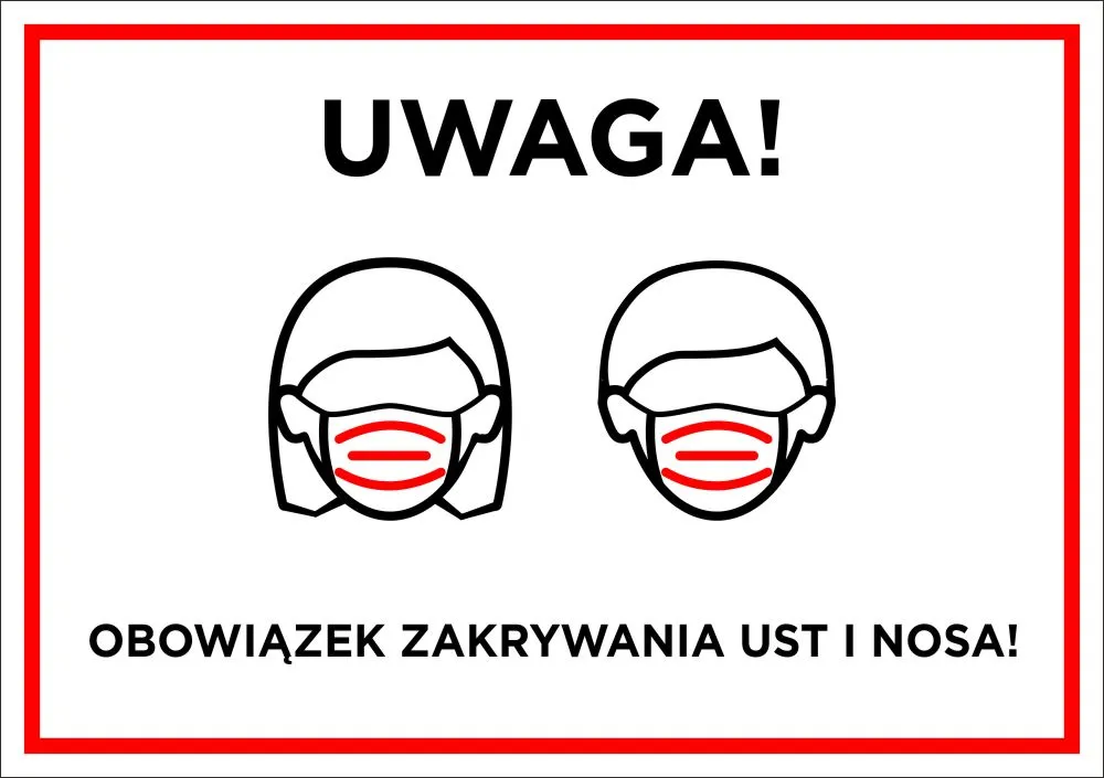 Tablica informacyjna w szpitalu lub przychodni o obowiązku noszenia maseczek