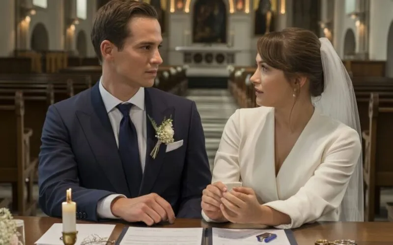 Para młoda w kancelarii parafialnej, rozmowa z księdzem, przygotowania do ślubu