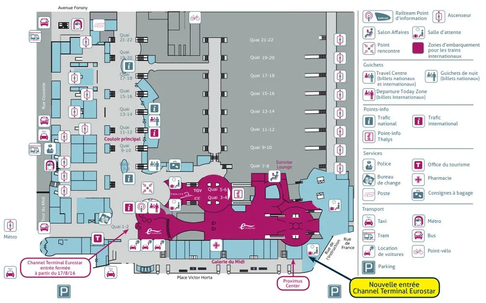 Mapa dworca Bruxelles-Midi z zaznaczonym wyjściem na Rue de France i lokalizacją przystanku Flibco