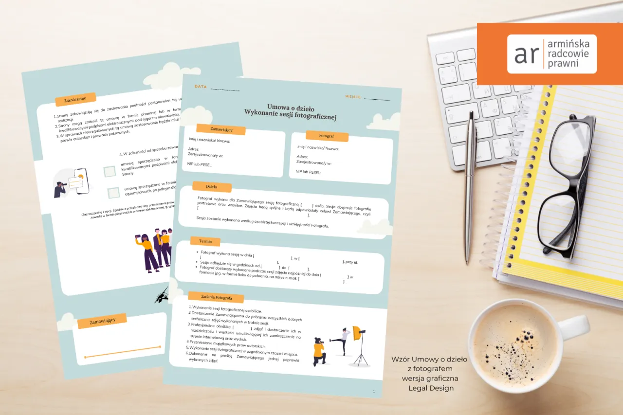 Umowa o dzieło z fotografem, która pomoże ustalić, ile kosztuje portret u fotografa. Dokument zawiera pola do wypełnienia przez obie strony.