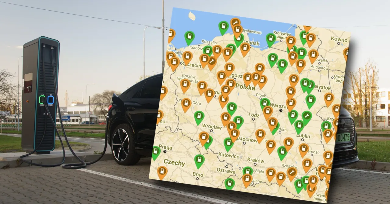 Mapa Polski z zaznaczonymi stacjami ładowania samochod&oacute;w elektrycznych. Zastanawiasz się, co ile trzeba ładować samoch&oacute;d elektryczny? Sprawdź dostępność punkt&oacute;w!