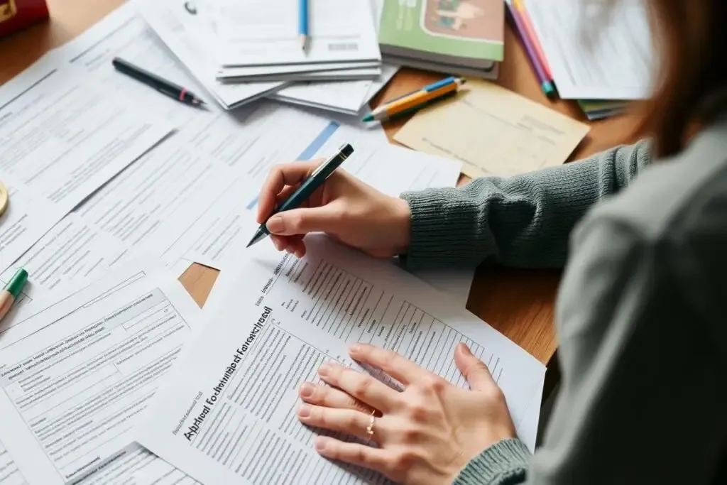 Rodzic i uczeń wypełniający dokumenty do szkoły