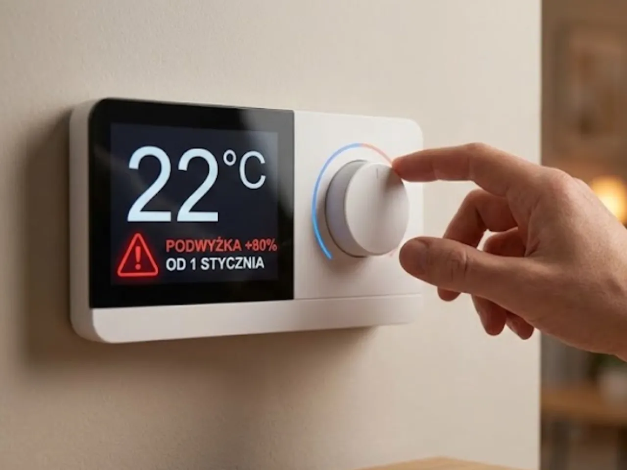 Dylemat: jaką taryfę gazu wybrać? Termostat pokazuje 22°C i ostrzeżenie o podwyżce cen. Ręka reguluje pokrętło.