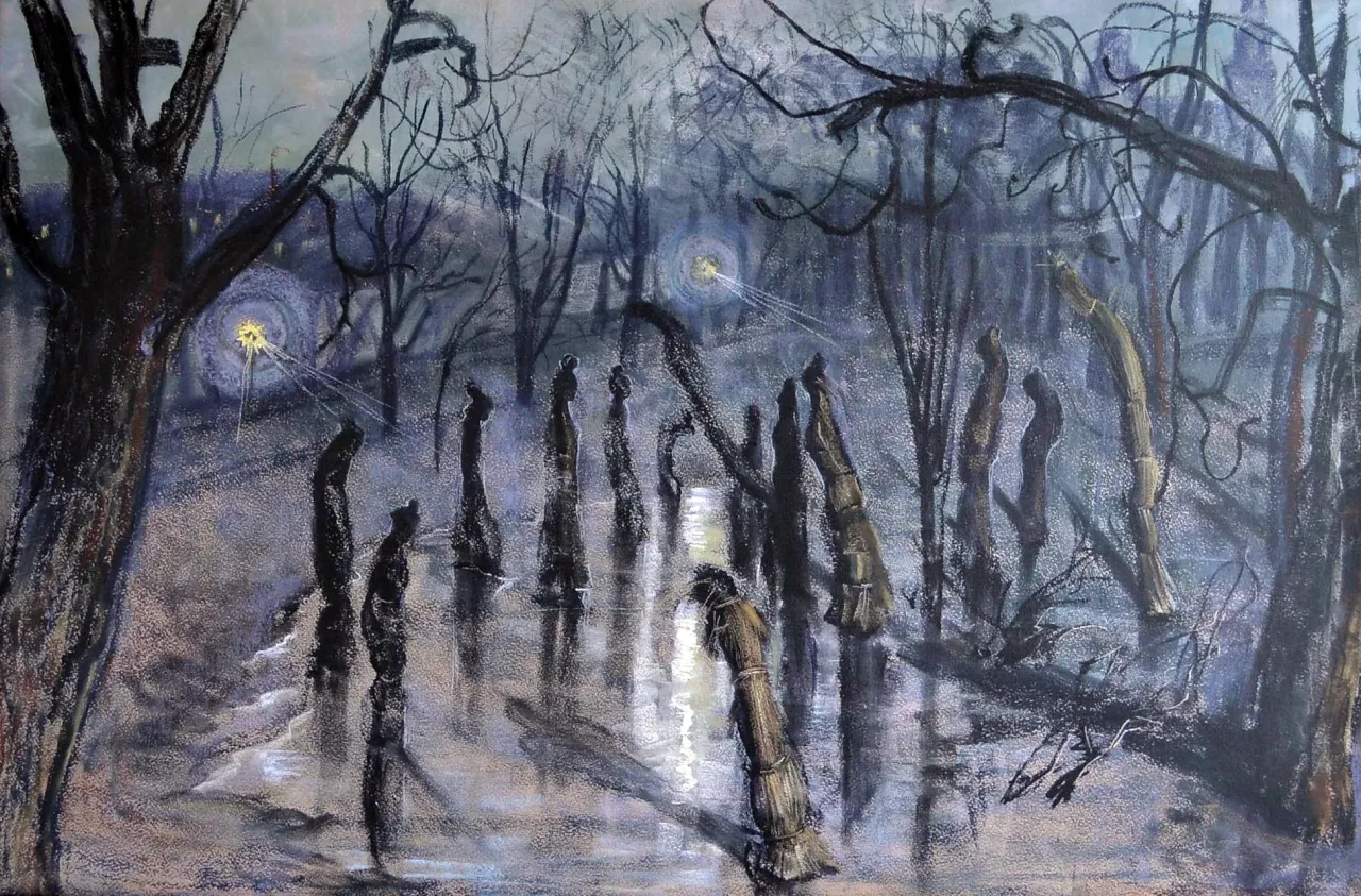 Mroczny las, gdzie drzewa przypominają postacie, a światła tworzą tajemniczy symbol. Co to symbol?