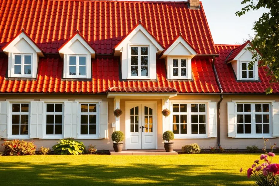 elewacja tynk drewno kamień klinkier czerwony dach białe okna