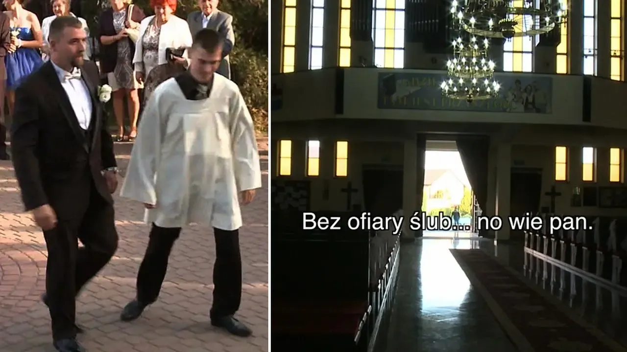 para młoda w kancelarii parafialnej rozmawiająca z księdzem