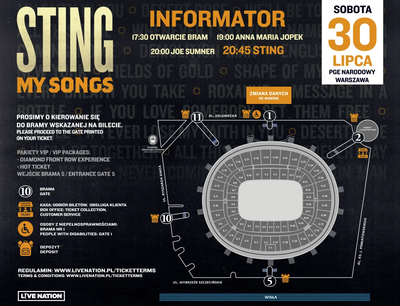 Koncert Stinga zaczyna się o 20:45. Plakat informuje o wydarzeniu 30 lipca na PGE Narodowym w Warszawie.