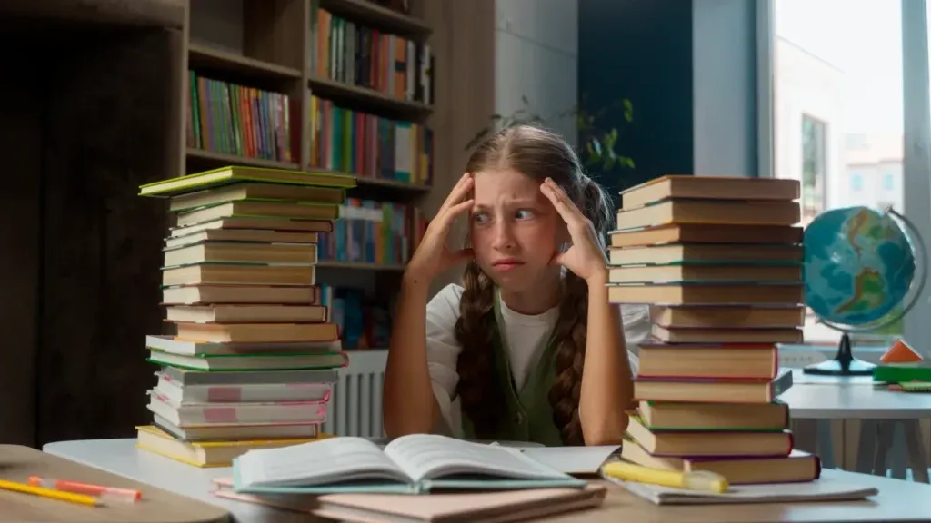 Uczeń znużony nauką, dziecko z brakiem motywacji, zmęczony uczeń