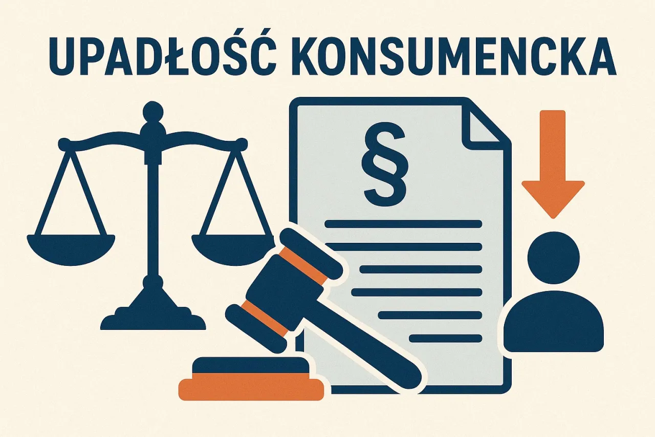 Upadłość konsumencka: waga sprawiedliwości, paragraf i młotek sędziowski. Dowiedz się, ile kosztuje upadłość konsumencka.