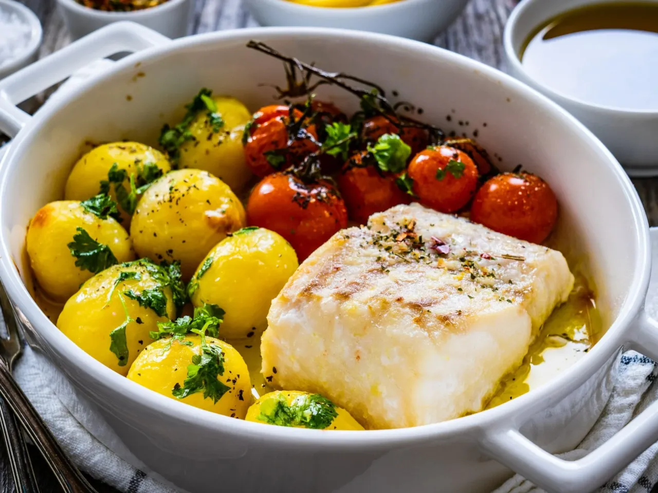 Pieczony filet rybny z ziemniaczkami i pomidorkami koktajlowymi. Idealne danie, które pasuje do ryby na obiad.