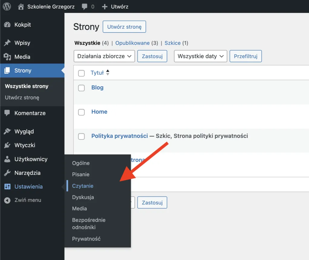 WordPress ustawienia czytanie strona główna