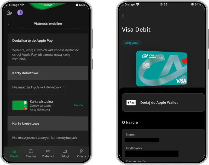 iPhone z aplikacją Wallet i dodaną kartą bankową