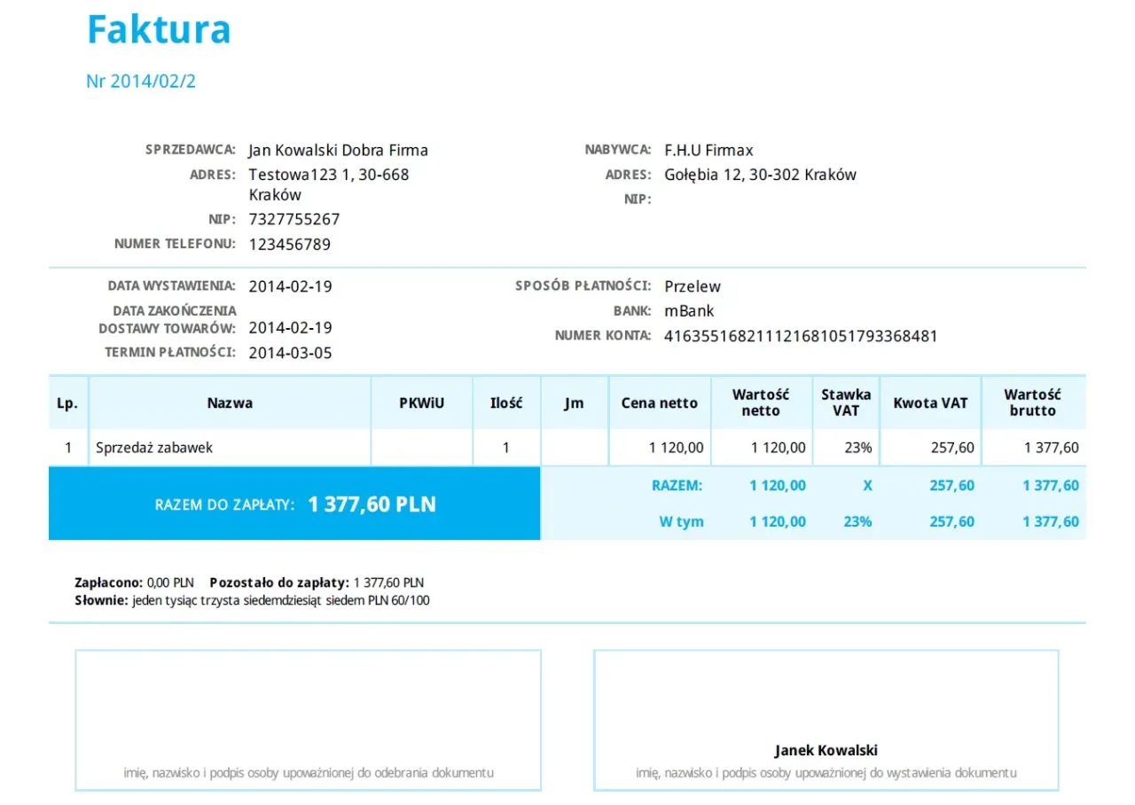 Faktura imienna z danymi sprzedawcy i nabywcy, szczegółami sprzedaży zabawek i kwotą do zapłaty 1 377,60 PLN.