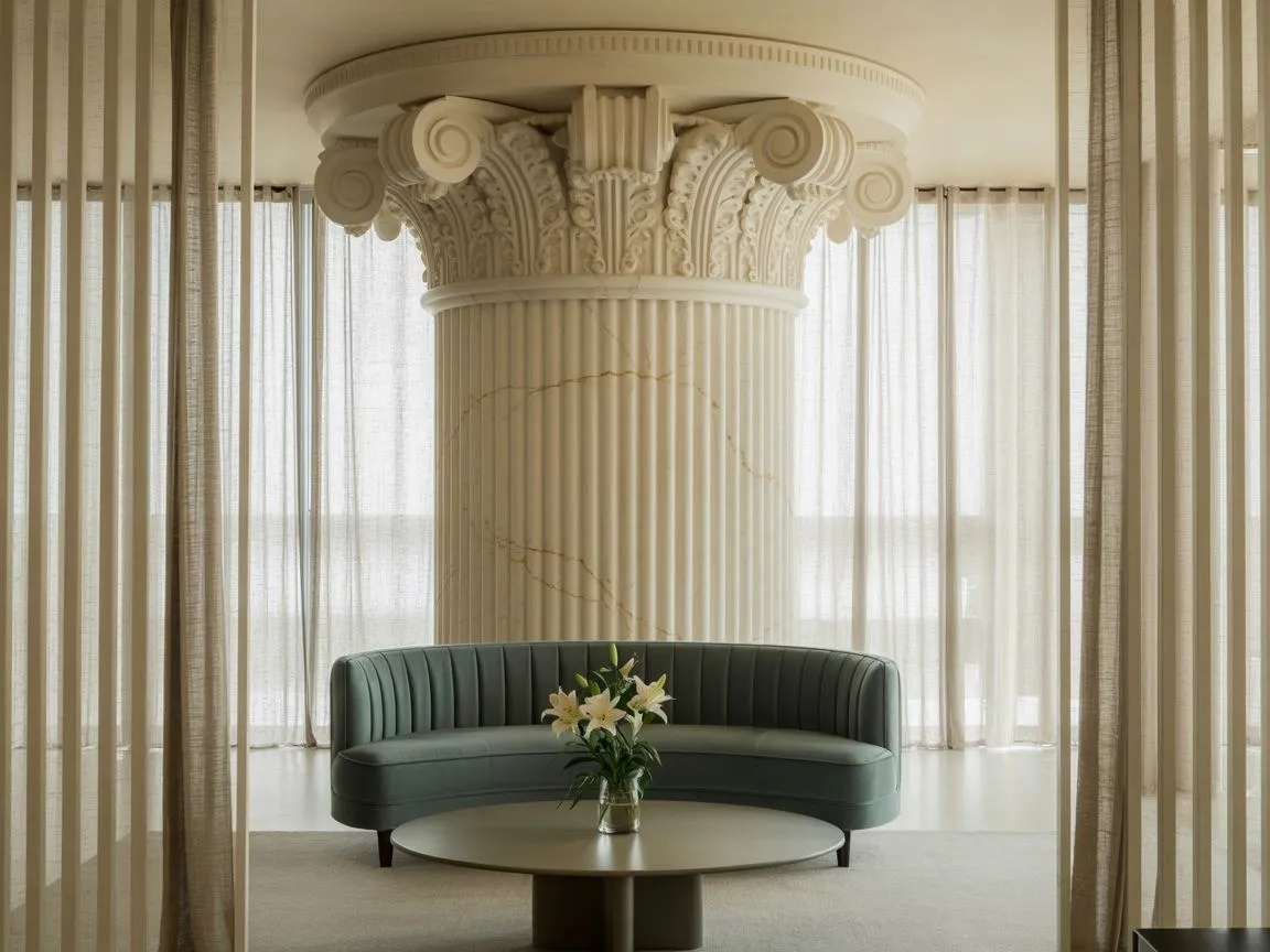 słup w salonie z p&oacute;łkami regałem oświetleniem