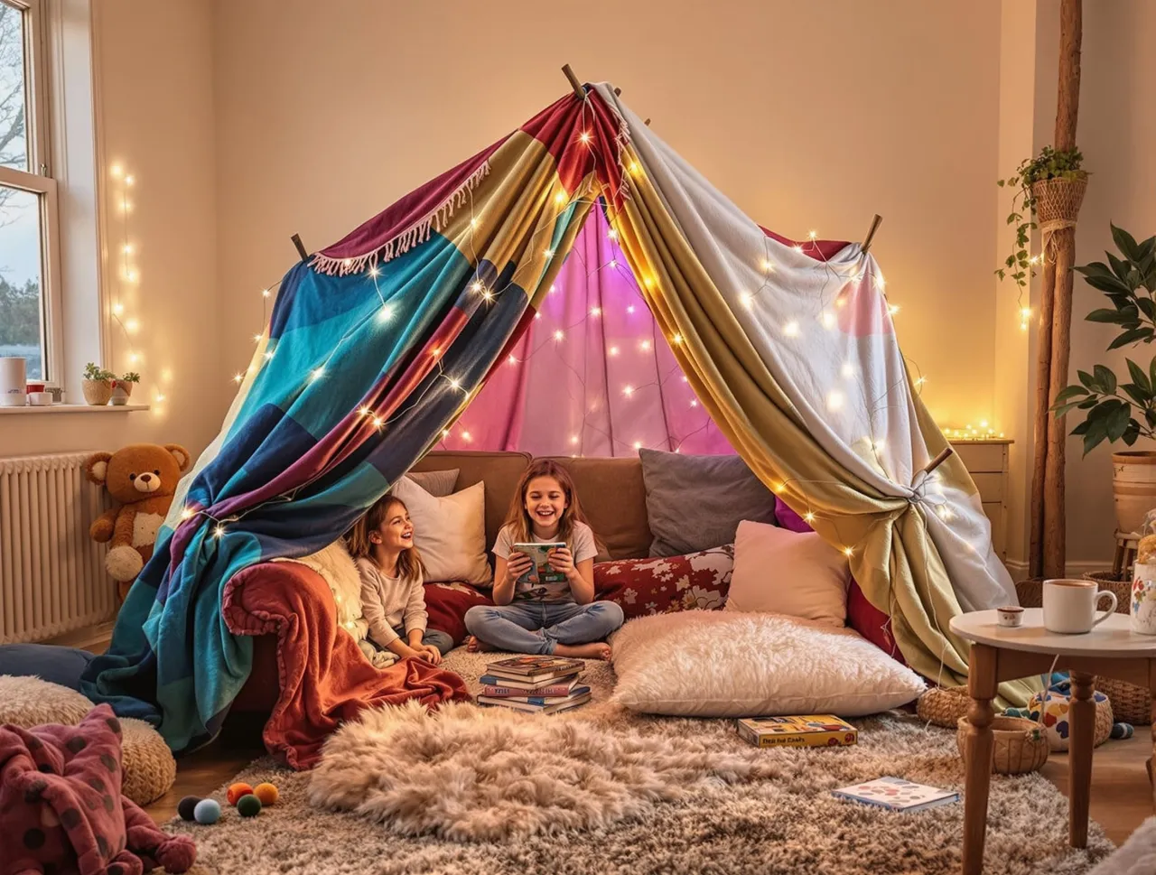 Dwie dziewczynki bawią się w domku z koców i poduszek, ozdobionym lampkami. To świetny pomysł, jak zrobić bazę w domu dla dzieci.