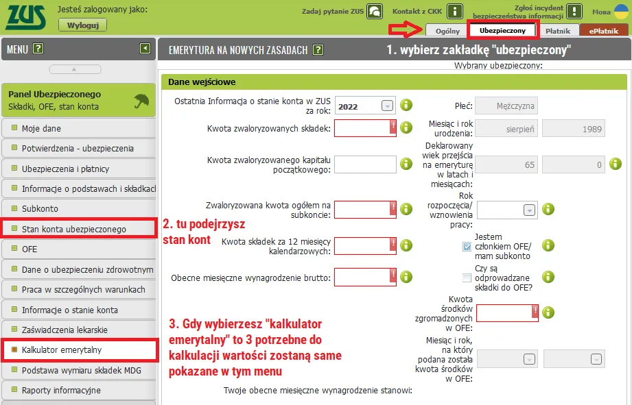 kalkulator emerytalny ZUS, przykład obliczeń emerytury