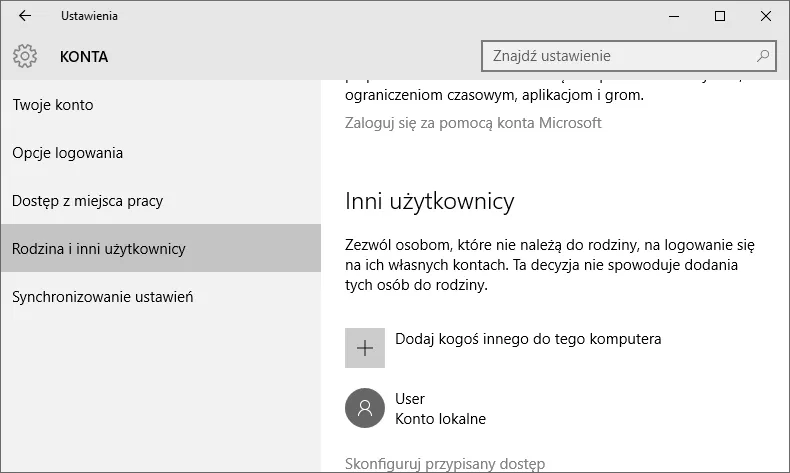 Windows 10 Ustawienia Konta Rodzina i inni użytkownicy