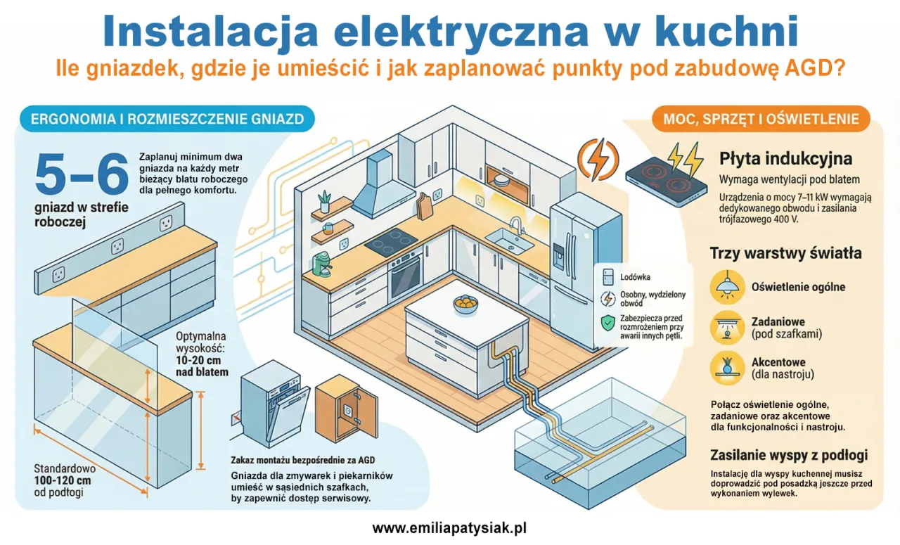 Jak zaznaczyć gniazdka na projekcie kuchni: planowanie rozmieszczenia, liczby i wysokości gniazd w strefie roboczej, przy AGD i wyspie.