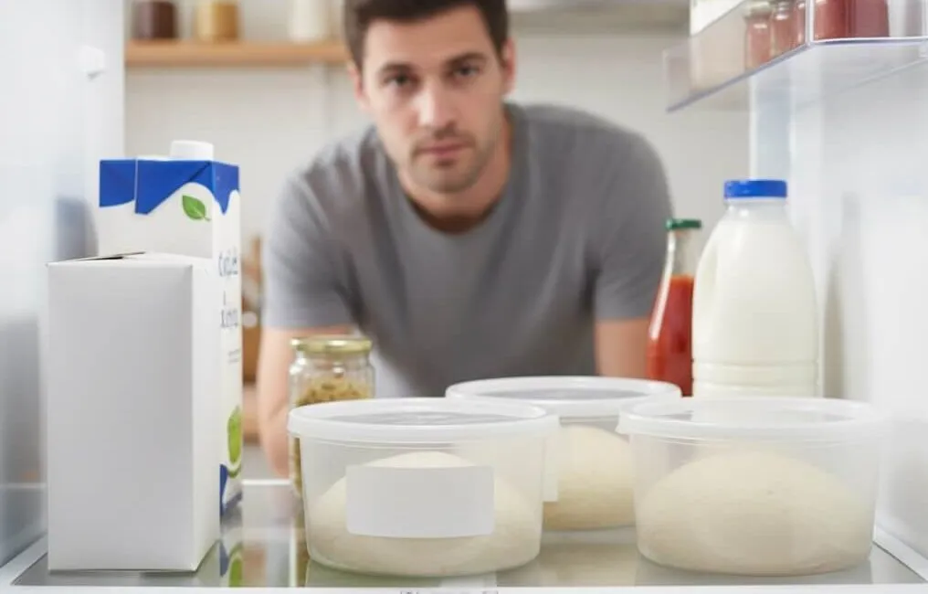 ciasto na pizzę w pojemnikach w lodówce