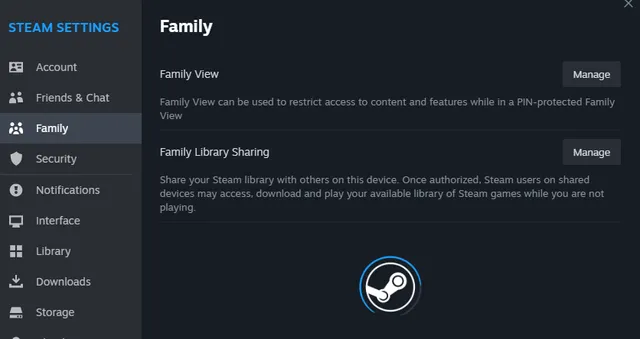 Steam Family Sharing settings screenshot