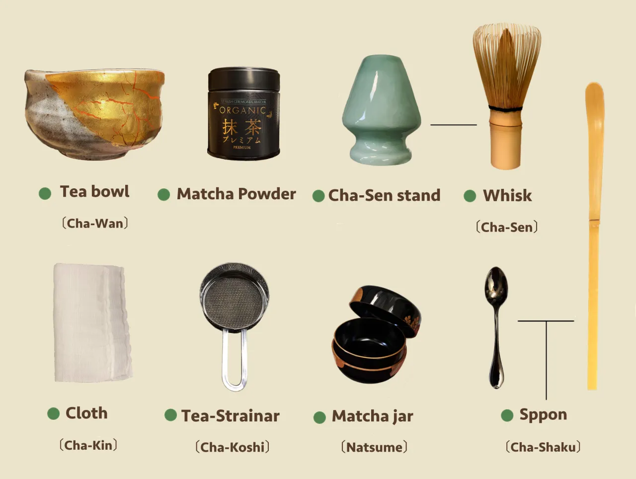 Matcha powder and tea ceremony tools
