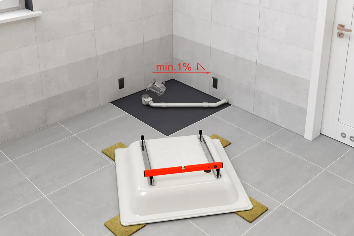 Instrukcja jak zamontować brodzik wysoki: przygotowanie odpływu i wypoziomowanie brodzika za pomocą poziomicy.