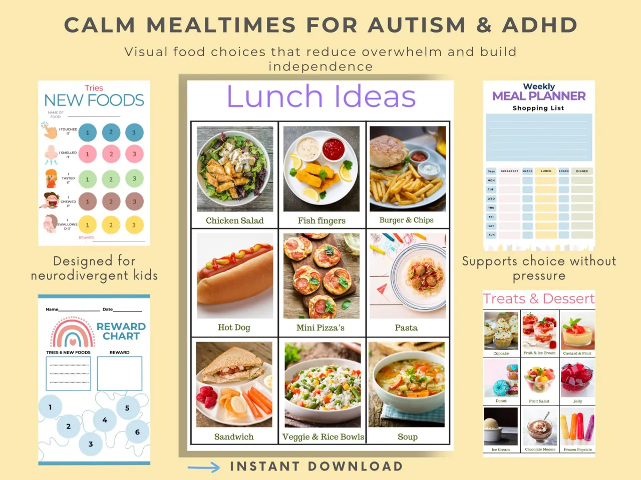 Tabela z rozkładem posiłk&oacute;w w ciągu dnia i pomysłami na lunche, zaprojektowana dla dzieci z autyzmem i ADHD.