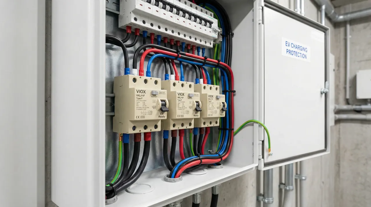 Wnętrze rozdzielnicy elektrycznej z wyłącznikami VIOX VKL11F, zabezpieczeniami typu A i okablowaniem do ładowania pojazd&oacute;w elektrycznych (EV Charging Protection).