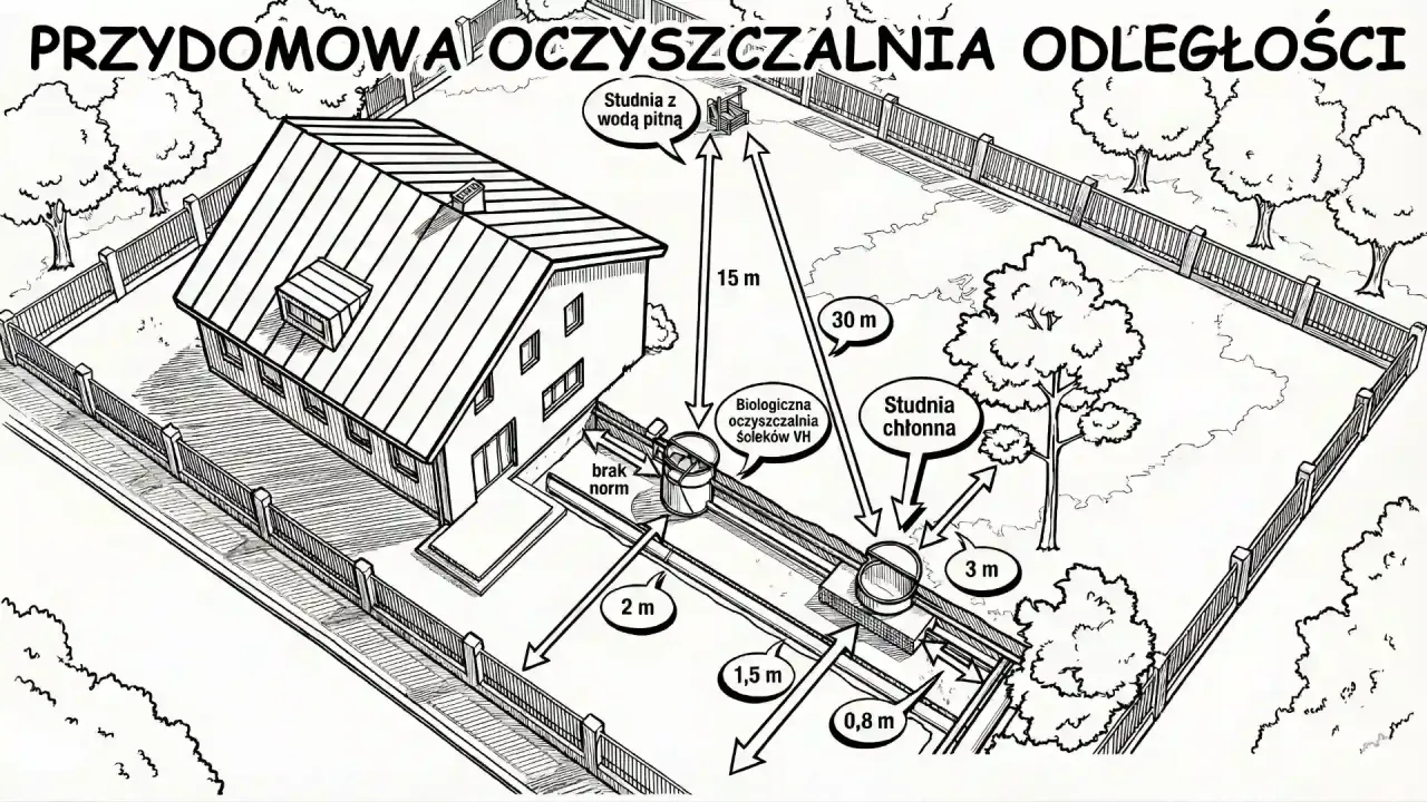 Schemat przydomowa oczyszczalnia ściek&oacute;w biologiczna czy drenażowa. Pokazuje dom, studnie i system oczyszczania.