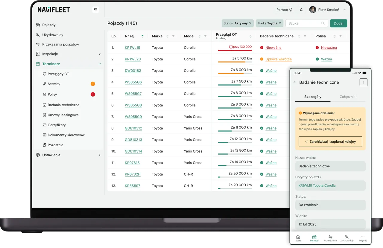 Kalendarz z zaznaczonymi terminami i symbolem samochodu
