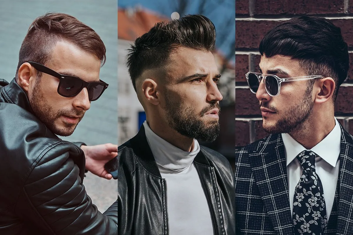 Kolaż fryzur męskich odmładzających, French Crop, Quiff, Messy Hair, Side Part fade, Buzz Cut