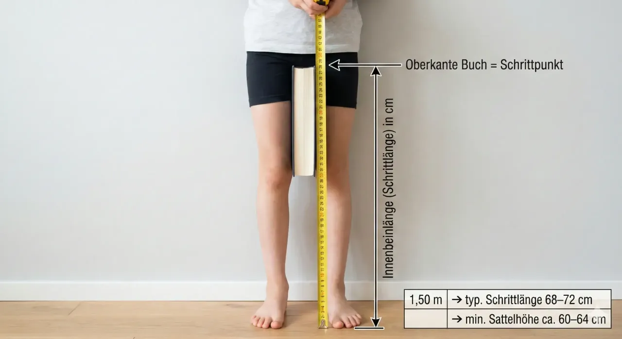 Person misst Schrittlänge mit Buch und Maßband Anleitung