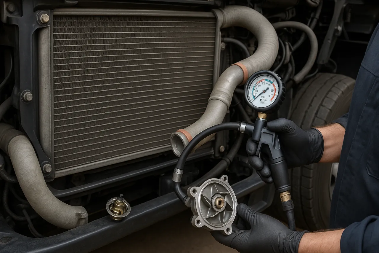 Mechanik sprawdza ciśnieniomierzem pompę wody, szukając przyczyn wysokiego ciśnienia w układzie chłodzenia.