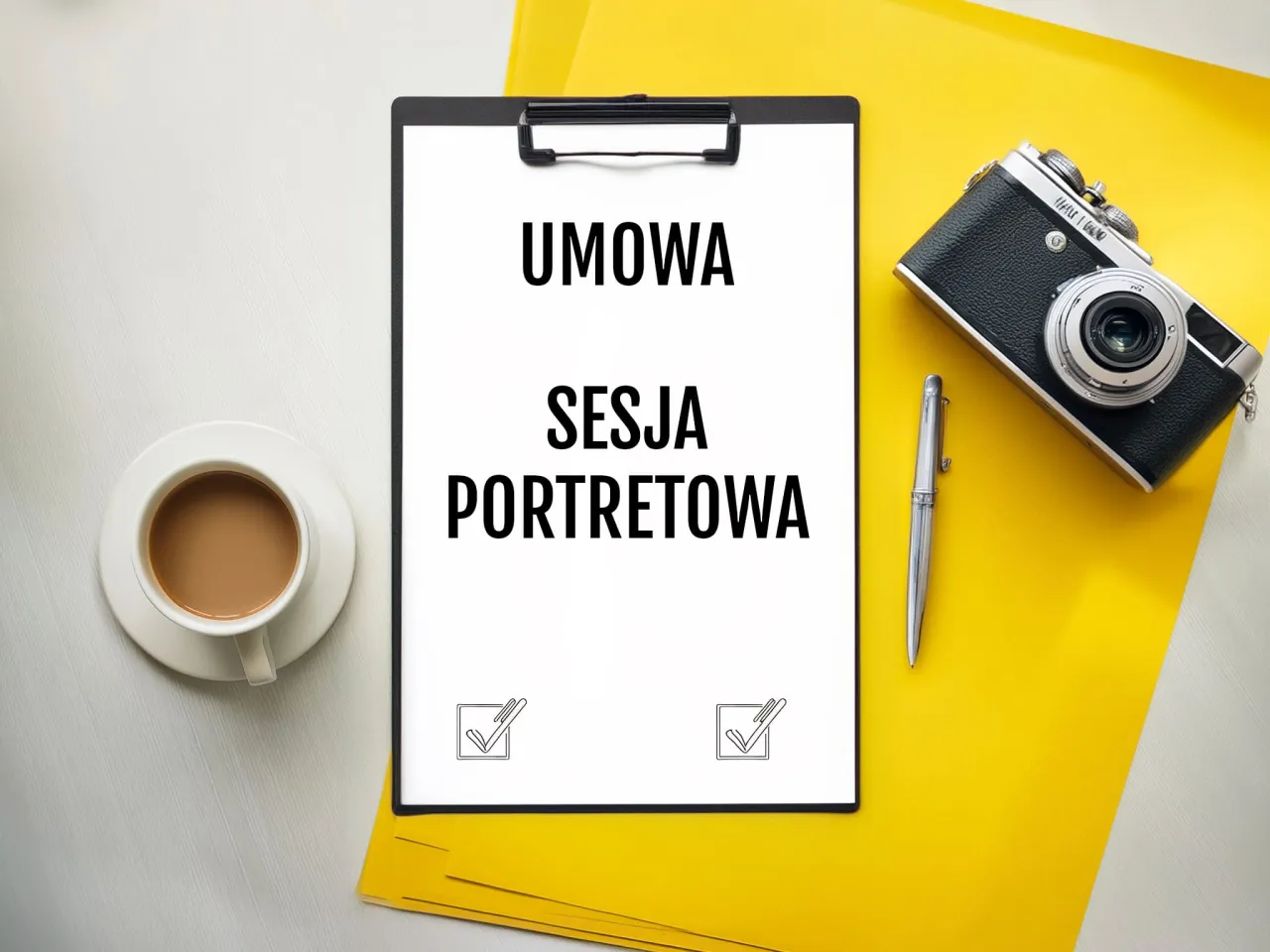Umowa na sesję portretową. Zastanawiasz się, ile kosztuje portret u fotografa? Na klipbordzie widnieje umowa, obok aparat i kawa.