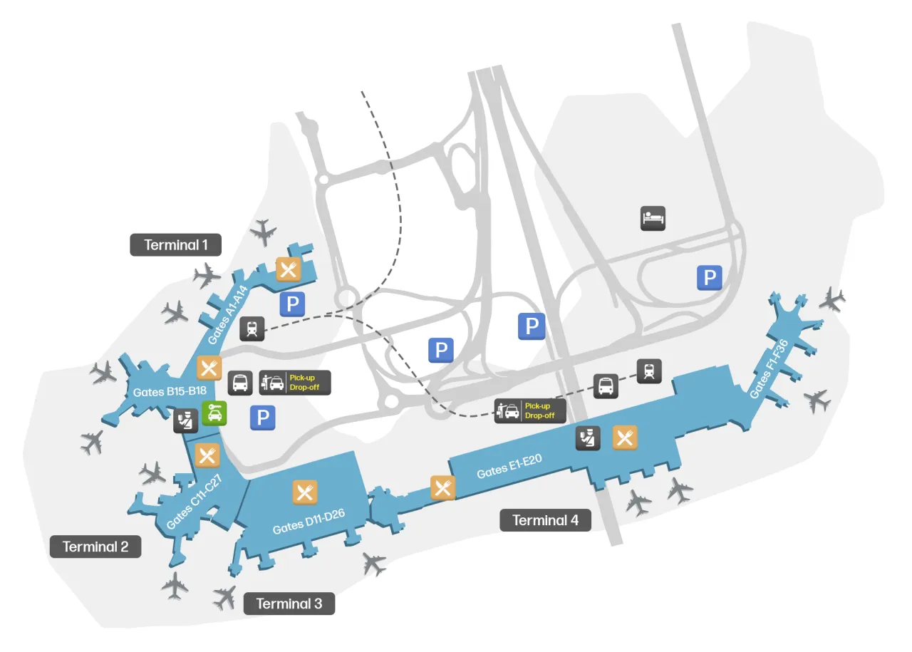 Plan lotniska pokazuje 4 terminale. Ile lotnisk ma Paryż? Ten plan to tylko jeden z nich.