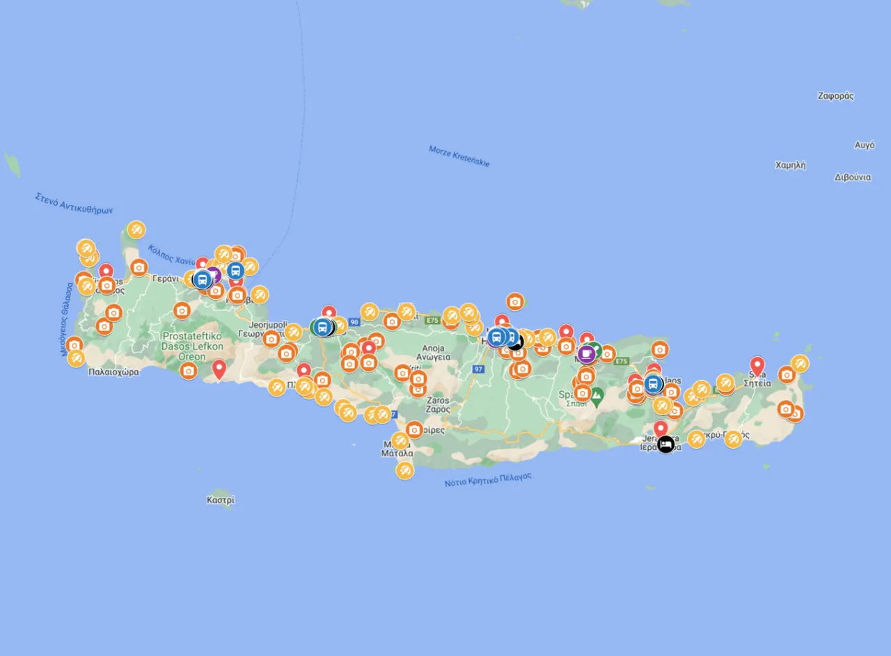 Mapa Krety z regionami turystycznymi i logotypy biur podróży