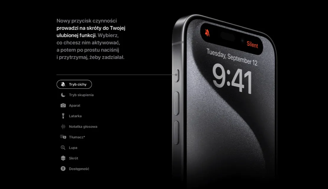 iPhone 15 Pro tytanowy przycisk czynności