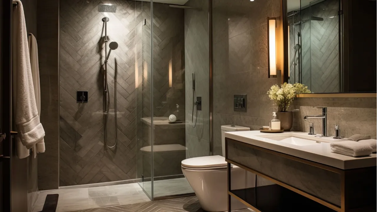 Nachhaltige Luxus-Annehmlichkeiten in einem modernen Hotelbadezimmer