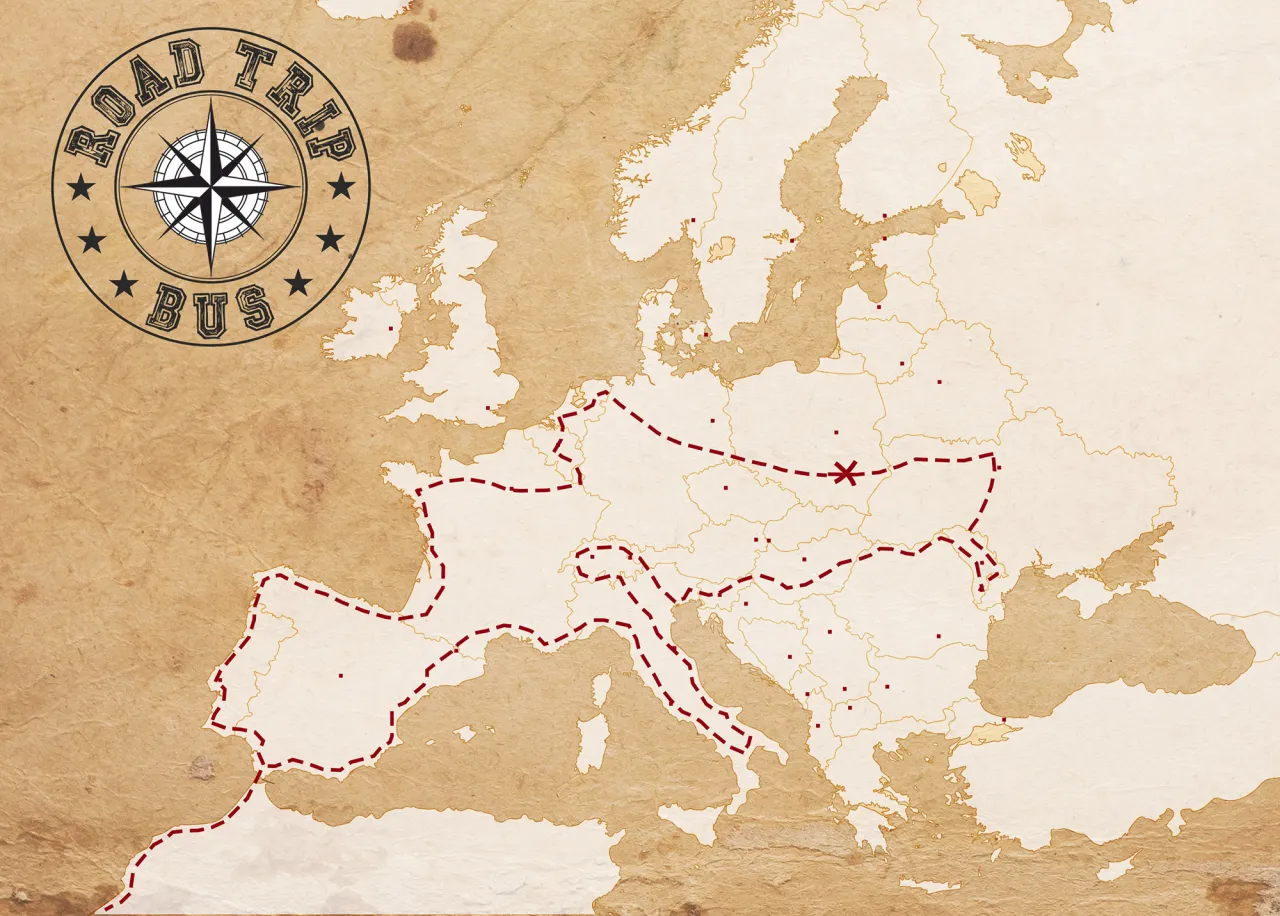 Mapa Europy z zaznaczoną trasą 