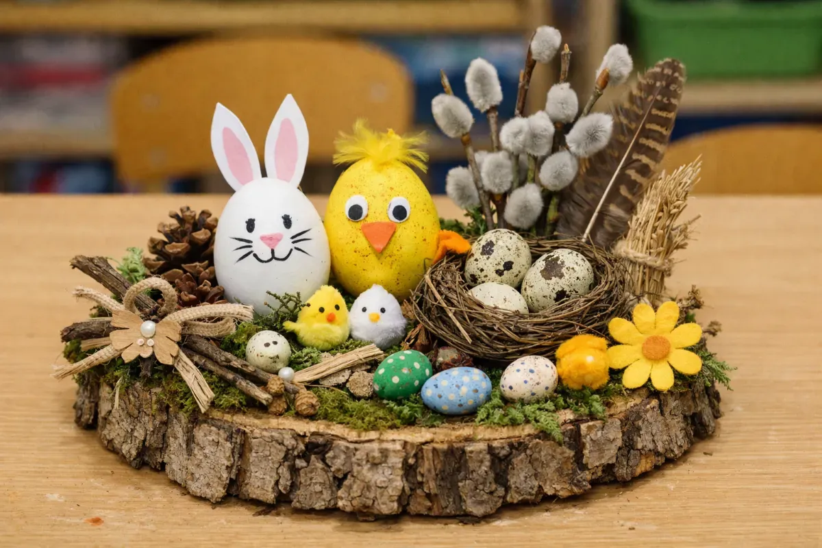 Nowoczesne, ręcznie robione stroiki wielkanocne z zajączkiem, kurczakiem i pisankami na pniu drewna.