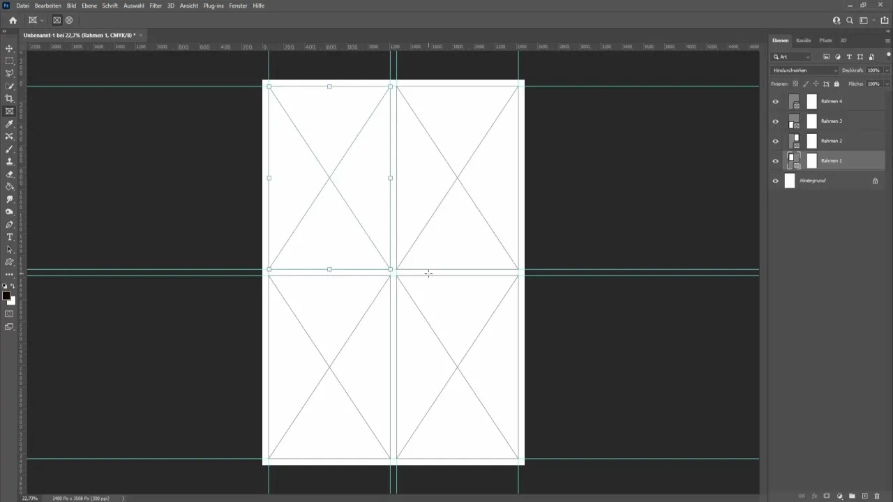 Przygotowanie szablonu do tworzenia kolażu w Photoshopie. Widoczne linie pomocnicze i ramki do umieszczenia zdjęć.