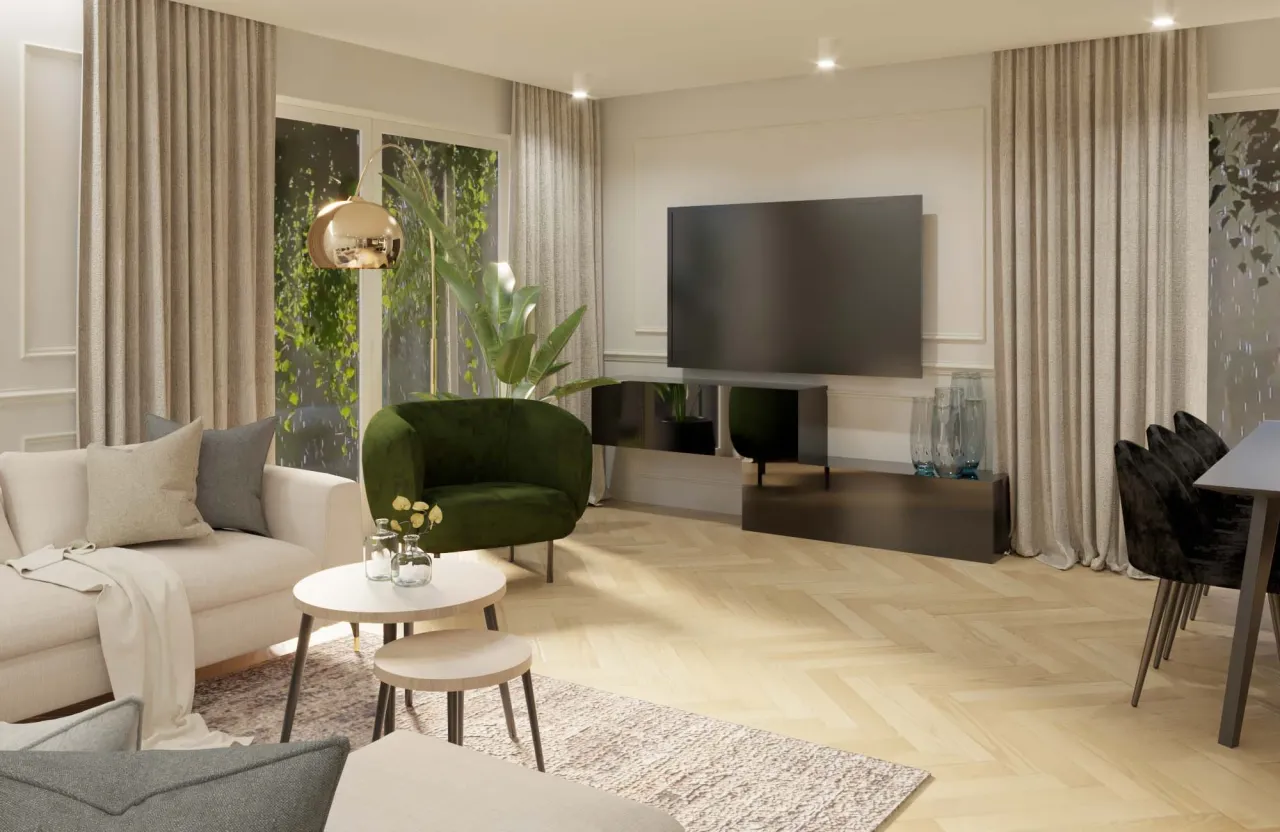 słoneczny salon z dużymi oknami