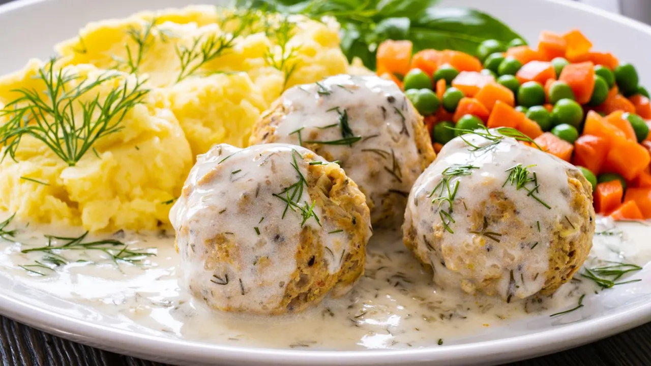 Pyszne klopsiki w sosie koperkowym, podane z purée ziemniaczanym i warzywami. Idealne danie, co do sosu koperkowego nie można mieć zastrzeżeń.
