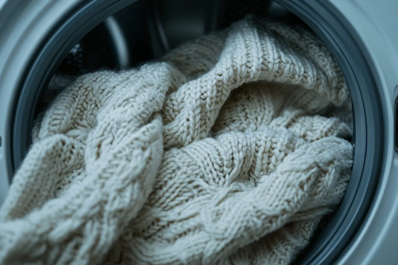 Biały, gruby sweter w warkocze w bębnie pralki. Czy wiesz, jak zmniejszyć sweter, by idealnie pasował?