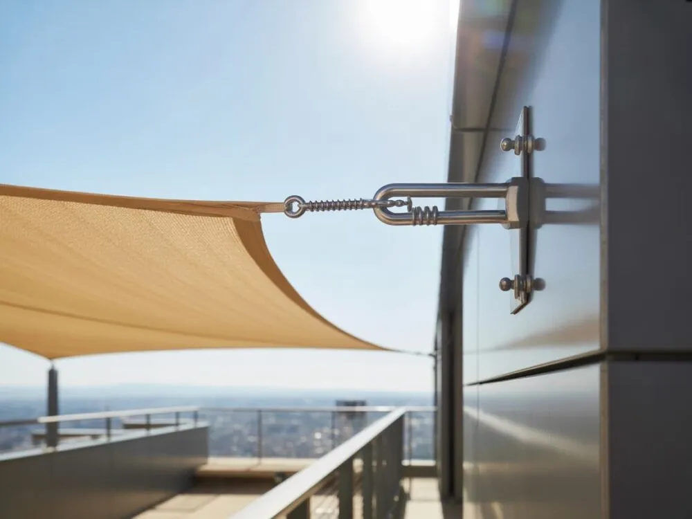żagiel przeciwsłoneczny zamontowany na balkonie