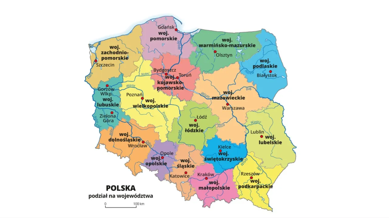 Mapa Polski z zaznaczonym Szczecinem i innymi dużymi miastami