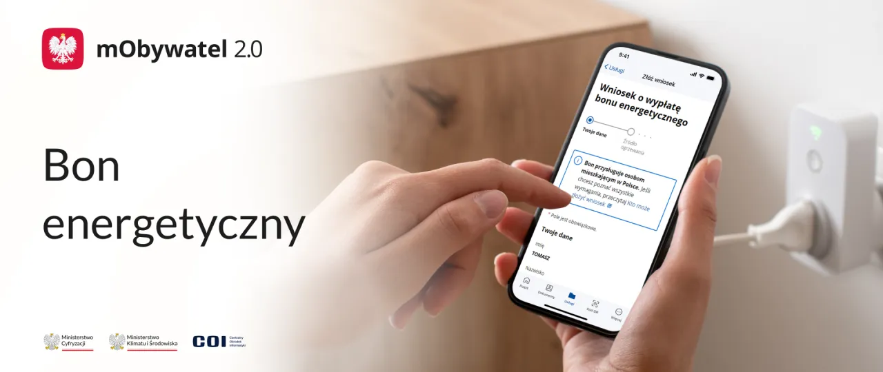 Aplikacja mObywatel 2.0. Na ekranie telefonu widać formularz wniosku o bon energetyczny. Dowiedz się, gdzie złożyć wniosek o dofinansowanie do prądu.