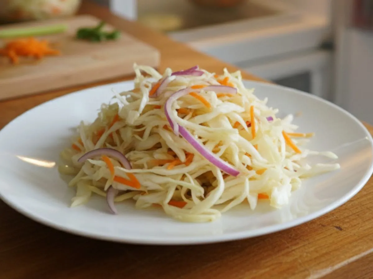 Chrupiąca surówka z białej kapusty, marchewki i czerwonej cebuli, jak z chińskiej restauracji. Idealna do obiadu.